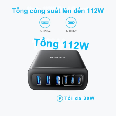 Bộ Sạc Anker 112W 6 Cổng (A2154) - Sạc Nhanh USB-C & USB-A, Chân Cắm 3 Chấu SG - Hàng Chính Hãng - <strong>Bộ sạc Anker</strong> 112W 6 Cổng (Mã A2154) là giải pháp cung cấp năng lượng toàn diện cho mọi tín đồ công nghệ. Với tổng công suất mạnh mẽ lên đến 112W, thiết bị này cho phép bạn sạc đồng thời 6 thiết bị từ điện thoại, máy tính bảng cho đến các dòng laptop văn phòng một cách nhanh chóng và an toàn nhất. Được trang bị chân cắm 3 chấu chuẩn SG (Singapore) vô cùng chắc chắn, sản phẩm đảm bảo sự ổn định tuyệt đối khi kết nối với nguồn điện tại Việt Nam. Sự kết hợp giữa các cổng USB-C và USB-A cùng công nghệ sạc thông minh giúp <strong>Bộ sạc Anker</strong> trở thành phụ kiện không thể thiếu trên bàn làm việc, giúp không gian của bạn trở nên gọn gàng, chuyên nghiệp và luôn tràn đầy năng lượng.