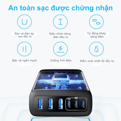 Bộ Sạc Anker 112W 6 Cổng (A2154) - Sạc Nhanh USB-C & USB-A, Chân Cắm 3 Chấu SG - Hàng Chính Hãng - <strong>Bộ sạc Anker</strong> 112W 6 Cổng (Mã A2154) là giải pháp cung cấp năng lượng toàn diện cho mọi tín đồ công nghệ. Với tổng công suất mạnh mẽ lên đến 112W, thiết bị này cho phép bạn sạc đồng thời 6 thiết bị từ điện thoại, máy tính bảng cho đến các dòng laptop văn phòng một cách nhanh chóng và an toàn nhất. Được trang bị chân cắm 3 chấu chuẩn SG (Singapore) vô cùng chắc chắn, sản phẩm đảm bảo sự ổn định tuyệt đối khi kết nối với nguồn điện tại Việt Nam. Sự kết hợp giữa các cổng USB-C và USB-A cùng công nghệ sạc thông minh giúp <strong>Bộ sạc Anker</strong> trở thành phụ kiện không thể thiếu trên bàn làm việc, giúp không gian của bạn trở nên gọn gàng, chuyên nghiệp và luôn tràn đầy năng lượng.