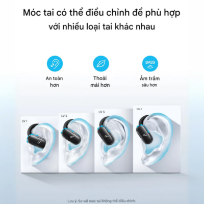 Tai nghe thể thao Open-Ear Anker Soundcore V40i - A3878 | Thiết kế linh hoạt, Âm trầm mạnh mẽ, Pin 21H, Chống nước IP55 - <strong>Tai nghe thể thao Anker Soundcore V40i - A3878</strong> là người bạn đồng hành lý tưởng cho những tín đồ yêu vận động. Với thiết kế Open-Ear độc đáo, <strong>V40i - A3878</strong> giúp bạn vừa thưởng thức âm nhạc đỉnh cao, vừa có thể nhận biết môi trường xung quanh, đảm bảo an toàn tuyệt đối khi tập luyện ngoài trời. Sản phẩm <strong>V40i - A3878</strong> sở hữu móc tai mềm mại, có khả năng điều chỉnh linh hoạt giúp ôm sát vành tai mà không gây cảm giác đau nhức hay bí bách. Được trang bị màng loa lớn 14.2mm kết hợp cùng công nghệ BassUp, <strong>V40i - A3878</strong> mang đến dải âm trầm uy lực, thúc đẩy tinh thần tập luyện của bạn lên tầm cao mới. Với khả năng chống nước IPX5 và tổng thời lượng pin lên đến 21 giờ, đây chính là sự lựa chọn không thể bỏ qua cho mọi hành trình chinh phục thử thách.