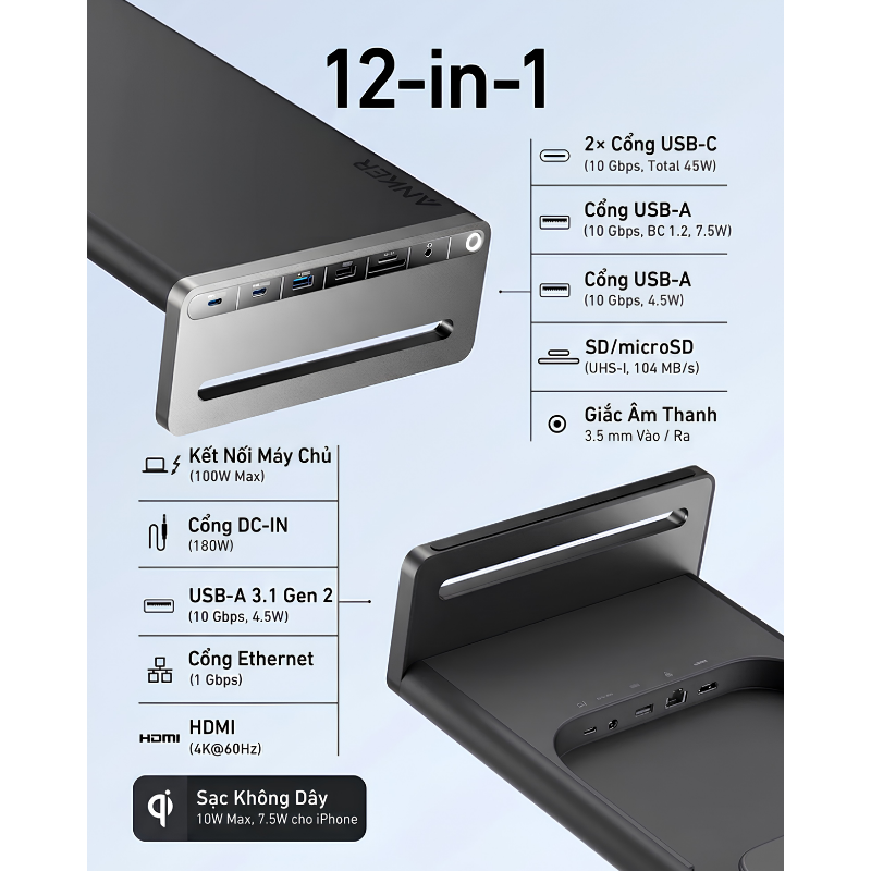 Chân Đế Màn Hình Kiêm Trạm Sạc 12-in-1 Anker A8377 - Sạc PD 100W, Sạc Không Dây Qi, Xuất Hình 4K@60Hz - Hàng Chính Hãng Chân Đế Màn Hình Kiêm Trạm Sạc 12-in-1 Anker A8377 - Sạc PD 100W, Sạc Không Dây Qi, Xuất Hình 4K@60Hz - Hàng Chính Hãng - Ảnh 2