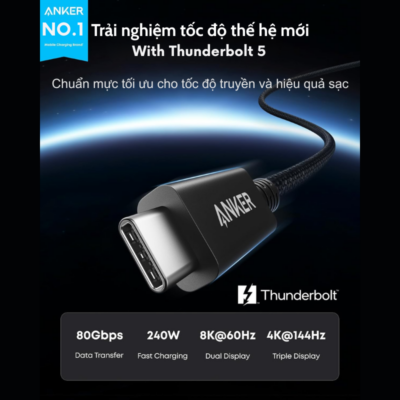 Cáp Thunderbolt 5 Anker A84N1 240W 80Gbps – Hỗ Trợ Xuất Hình 8K, Truyền Dữ Liệu Siêu Tốc, Dài 1m Cáp Thunderbolt 5 Anker A84N1 240W 80Gbps – Hỗ Trợ Xuất Hình 8K, Truyền Dữ Liệu Siêu Tốc, Dài 1m - <strong>Anker A84N1</strong> là thế hệ cáp kết nối tiên tiến nhất hiện nay, mang chuẩn công nghệ Thunderbolt 5 đột phá đến gần hơn với người dùng chuyên nghiệp. Với khả năng truyền tải dữ liệu kinh ngạc lên đến 80Gbps (và có thể lên tới 120Gbps với Bandwidth Boost), <strong>Anker A84N1</strong> giúp bạn di chuyển các tệp tin dung lượng lớn chỉ trong vài giây. Không dừng lại ở đó, sợi cáp này còn hỗ trợ công suất sạc tối đa lên tới 240W, đủ sức cung cấp năng lượng cho những chiếc laptop gaming hay workstation mạnh mẽ nhất hiện nay. Với chiều dài 1m lý tưởng, <strong>Anker A84N1</strong> đảm bảo sự gọn gàng cho không gian làm việc trong khi vẫn duy trì hiệu suất xuất hình ảnh vượt trội ở độ phân giải 8K hoặc thiết lập đa màn hình. Đây chính là giải pháp "tất cả trong một" hoàn hảo cho hệ sinh thái công nghệ của bạn.