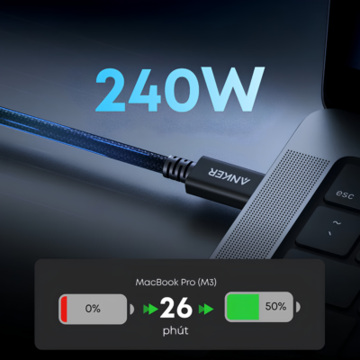 Cáp Thunderbolt 5 Anker A84N1 Dài 0.5m, 240W (80Gbps/120Gbps) – Hỗ Trợ Sạc 240W EPR, Xuất Hình 8K, Tương Thích Hoàn Hảo - <h2><strong>Cáp Thunderbolt 5 Anker A84N1 240W</strong> là giải pháp kết nối tiên tiến nhất hiện nay, mang đến tốc độ truyền tải dữ liệu kinh ngạc lên đến 80Gbps và có thể đạt 120Gbps với tính năng Bandwidth Boost. Được thiết kế để đáp ứng nhu cầu khắt khe của các chuyên gia đồ họa và game thủ, <strong>Cáp Thunderbolt 5 Anker A84N1 240W</strong> hỗ trợ sạc nhanh chuẩn EPR với công suất tối đa 240W, cho phép sạc đầy các dòng MacBook Pro và laptop hiệu năng cao chỉ trong thời gian ngắn. Không chỉ dừng lại ở đó, sản phẩm còn hỗ trợ xuất hình ảnh độ phân giải 8K cực nét và tương thích ngược hoàn toàn với Thunderbolt 4, Thunderbolt 3 và USB4. Với chất liệu cao cấp và độ bền bỉ vượt trội từ thương hiệu Anker, <strong>Cáp Thunderbolt 5 Anker A84N1 240W</strong> chính là phụ kiện không thể thiếu để tối ưu hóa hệ sinh thái thiết kế và giải trí của bạn.</h2>