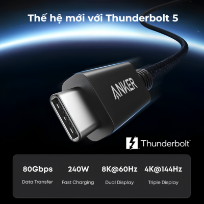 Cáp Thunderbolt 5 Anker A84N1 Dài 0.5m, 240W (80Gbps/120Gbps) – Hỗ Trợ Sạc 240W EPR, Xuất Hình 8K, Tương Thích Hoàn Hảo - <h2><strong>Cáp Thunderbolt 5 Anker A84N1 240W</strong> là giải pháp kết nối tiên tiến nhất hiện nay, mang đến tốc độ truyền tải dữ liệu kinh ngạc lên đến 80Gbps và có thể đạt 120Gbps với tính năng Bandwidth Boost. Được thiết kế để đáp ứng nhu cầu khắt khe của các chuyên gia đồ họa và game thủ, <strong>Cáp Thunderbolt 5 Anker A84N1 240W</strong> hỗ trợ sạc nhanh chuẩn EPR với công suất tối đa 240W, cho phép sạc đầy các dòng MacBook Pro và laptop hiệu năng cao chỉ trong thời gian ngắn. Không chỉ dừng lại ở đó, sản phẩm còn hỗ trợ xuất hình ảnh độ phân giải 8K cực nét và tương thích ngược hoàn toàn với Thunderbolt 4, Thunderbolt 3 và USB4. Với chất liệu cao cấp và độ bền bỉ vượt trội từ thương hiệu Anker, <strong>Cáp Thunderbolt 5 Anker A84N1 240W</strong> chính là phụ kiện không thể thiếu để tối ưu hóa hệ sinh thái thiết kế và giải trí của bạn.</h2>
