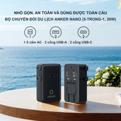 Bộ chuyển đổi du lịch Anker Nano (5-trong-1, 20W) - A9215 | Sạc nhanh & Nhỏ gọn cho mọi hành trình - <strong>Bộ chuyển đổi du lịch Anker Nano (5-trong-1, 20W) - A9215</strong> là giải pháp năng lượng hoàn hảo cho những người thường xuyên di chuyển. Với thiết kế siêu nhỏ gọn nhưng tích hợp tới 5 cổng kết nối, bao gồm 1 ổ cắm AC, 2 cổng USB-C và 2 cổng USB-A, sản phẩm giúp bạn sạc đồng thời nhiều thiết bị một cách dễ dàng. Đặc biệt, cổng USB-C hỗ trợ sạc nhanh PD 20W, giúp nạp đầy năng lượng cho iPhone và các điện thoại thông minh khác trong thời gian ngắn nhất. <strong>A9215</strong> không chỉ tiện lợi mà còn cực kỳ an toàn nhờ hệ thống bảo vệ ActiveShield độc quyền của Anker. Nếu bạn đang tìm kiếm một thiết bị sạc đa năng, bền bỉ và chuẩn SEO cho hành lý của mình, thì <strong>A9215</strong> chính là lựa chọn không thể bỏ qua.
