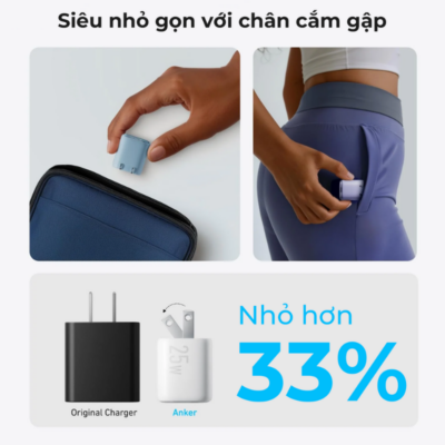 Bộ Sạc Nhanh Anker B2656 25W USB-C - Thiết Kế Nhỏ Gọn, Chân Gập Thông Minh, Hỗ Trợ PPS Cho Samsung Galaxy S24/Z Fold/Z Flip/Tab - Hàng Chính Hãng - <strong>Bộ sạc Anker B2656</strong> 25W là giải pháp năng lượng lý tưởng dành cho người dùng các dòng điện thoại Samsung Galaxy và các thiết bị hỗ trợ cổng USB-C. Với kích thước siêu nhỏ gọn chỉ 36 × 31 × 31 mm và trọng lượng 50g, <strong>Anker B2656</strong> cho phép bạn mang theo mọi lúc mọi nơi mà không chiếm diện tích. Sản phẩm đặc biệt hỗ trợ công nghệ sạc nhanh PPS (Programmable Power Supply) với công suất tối đa lên đến 25W, giúp tối ưu hóa thời gian sạc cho Galaxy S24, Z Fold, Z Flip và các dòng máy tính bảng Tab. Thiết kế chân cắm có thể gập lại không chỉ tăng tính thẩm mỹ mà còn bảo vệ các vật dụng khác trong túi xách khỏi trầy xước. Nếu bạn đang tìm kiếm một củ sạc bền bỉ, an toàn và hiệu suất cao, <strong>Anker B2656</strong> chắc chắn là sự lựa chọn hoàn hảo nhất trong phân khúc.