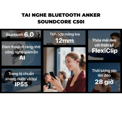 Tai nghe Bluetooth thể thao Anker Soundcore C50i - Open-Ear FlexiClip, Driver 12mm, LDAC, Bluetooth 6.0, IP55, Pin 28 giờ - <strong>C50i</strong> là tai nghe Bluetooth thể thao Anker Soundcore sở hữu thiết kế Open-Ear FlexiClip gọn nhẹ, trọng lượng chỉ khoảng 5,5g mỗi bên, mang lại cảm giác đeo thoải mái khi vận động hoặc sử dụng trong thời gian dài. C50i được trang bị driver Dynamic 12mm cho âm thanh rõ ràng, âm bass mạnh mẽ, hỗ trợ codec LDAC và Bluetooth 6.0 cho kết nối ổn định. Tai nghe có micro kép tích hợp AI, kháng bụi và nước chuẩn IP55, thời lượng pin lên đến 7 giờ cho tai nghe và 28 giờ khi kết hợp hộp sạc. C50i cũng hỗ trợ sạc nhanh qua USB-C, chỉ 10 phút sạc cho khoảng 2 giờ sử dụng