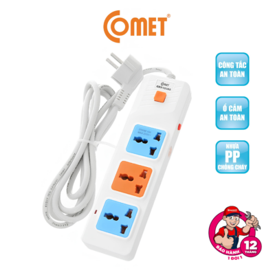 Ổ Cắm Nối Dài Comet CES10302 Dây 2 Mét – Công suất 2500W, Chống Cháy, An Toàn Tuyệt Đối - Ổ cắm nối dài <strong>CES10302</strong> là giải pháp truyền tải điện năng an toàn và hiệu quả cho mọi thiết bị điện tử trong gia đình và văn phòng. Với thiết kế 3 lỗ cắm đa năng, sản phẩm <strong>CES10302</strong> cho phép bạn kết nối cùng lúc nhiều thiết bị như máy tính, tivi, quạt hay sạc điện thoại một cách dễ dàng. Dây dẫn dài 2 mét giúp linh hoạt trong việc bố trí nguồn điện ở những vị trí xa ổ cắm tường. Được sản xuất từ nhựa ABS chịu nhiệt, chống cháy và hệ thống lá đồng nguyên chất, <strong>CES10302</strong> đảm bảo khả năng dẫn điện ổn định, giảm thiểu nguy cơ chập cháy. Với công suất tối đa lên đến 2500W và dòng điện 10A, mã sản phẩm <strong>CES10302</strong> đáp ứng tốt các nhu cầu sử dụng điện cao của các thiết bị hiện đại, mang lại sự an tâm tuyệt đối cho người sử dụng trong suốt quá trình vận hành.