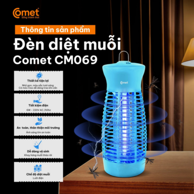 Đèn Diệt Muỗi Comet CM069 – Công Suất 6W, Thu Hút Côn Trùng Thông Minh, An Toàn Cho Sức Khỏe Đèn Diệt Muỗi Comet CM069 – Công Suất 6W, Thu Hút Côn Trùng Thông Minh, An Toàn Cho Sức Khỏe - Đèn diệt muỗi <strong>CM069</strong> là thiết bị bảo vệ sức khỏe không thể thiếu trong mỗi gia đình, giúp loại bỏ hoàn toàn mối lo ngại về muỗi và các bệnh truyền nhiễm. Với công suất 6W mạnh mẽ, <strong>CM069</strong> sử dụng bóng đèn phát ra ánh sáng tím đặc biệt để thu hút côn trùng và tiêu diệt chúng nhanh chóng bằng hệ thống lưới điện cao áp. Sản phẩm được thiết kế hiện đại, nhỏ gọn, phù hợp với nhiều không gian như phòng ngủ, phòng khách hay văn phòng. Đặc biệt, <strong>CM069</strong> hoạt động hoàn toàn dựa trên nguyên lý vật lý, không sử dụng hóa chất, không gây mùi khét, đảm bảo an toàn tuyệt đối cho trẻ nhỏ và phụ nữ mang thai. Sử dụng nguồn điện gia đình 220V tiện lợi, đèn diệt muỗi <strong>CM069</strong> chính là giải pháp kinh tế và hiệu quả để mang lại giấc ngủ ngon và không gian sống trong lành cho cả gia đình bạn.