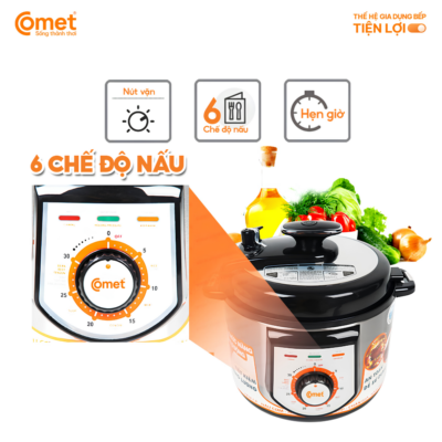Nồi Áp Suất Điện Đa Năng Comet CM6150 - Dung tích 5L, Công suất 900W, Nấu Nhanh, Tiết Kiệm Thời Gian - Bạn đang tìm kiếm một thiết bị nhà bếp thông minh giúp nấu chín nhanh chóng các món hầm, ninh, súp bổ dưỡng mà không tốn nhiều thời gian? Nồi áp suất điện đa năng Comet <strong>CM6150</strong> chính là sự lựa chọn hoàn hảo dành cho bạn. Sở hữu dung tích lớn 5 lít cùng công suất mạnh mẽ 900W, sản phẩm giúp tiết kiệm tối đa thời gian nấu nướng nhưng vẫn giữ nguyên vẹn dưỡng chất trong thực phẩm. Điểm cộng của <strong>CM6150</strong> là thiết kế sang trọng, hoạt động ổn định với điện áp 220V - 50Hz và độ bền cao. Với nồi áp suất <strong>CM6150</strong>, việc chuẩn bị những bữa ăn thị soạn, thơm ngon cho gia đình đông người chưa bao giờ dễ dàng đến thế.