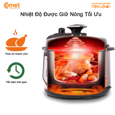 Nồi Áp Suất Điện Đa Năng Comet CM6150 - Dung tích 5L, Công suất 900W, Nấu Nhanh, Tiết Kiệm Thời Gian - Bạn đang tìm kiếm một thiết bị nhà bếp thông minh giúp nấu chín nhanh chóng các món hầm, ninh, súp bổ dưỡng mà không tốn nhiều thời gian? Nồi áp suất điện đa năng Comet <strong>CM6150</strong> chính là sự lựa chọn hoàn hảo dành cho bạn. Sở hữu dung tích lớn 5 lít cùng công suất mạnh mẽ 900W, sản phẩm giúp tiết kiệm tối đa thời gian nấu nướng nhưng vẫn giữ nguyên vẹn dưỡng chất trong thực phẩm. Điểm cộng của <strong>CM6150</strong> là thiết kế sang trọng, hoạt động ổn định với điện áp 220V - 50Hz và độ bền cao. Với nồi áp suất <strong>CM6150</strong>, việc chuẩn bị những bữa ăn thị soạn, thơm ngon cho gia đình đông người chưa bao giờ dễ dàng đến thế.