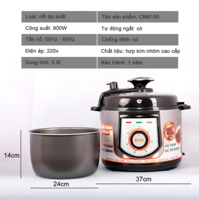 Nồi Áp Suất Điện Đa Năng Comet CM6150 - Dung tích 5L, Công suất 900W, Nấu Nhanh, Tiết Kiệm Thời Gian - Bạn đang tìm kiếm một thiết bị nhà bếp thông minh giúp nấu chín nhanh chóng các món hầm, ninh, súp bổ dưỡng mà không tốn nhiều thời gian? Nồi áp suất điện đa năng Comet <strong>CM6150</strong> chính là sự lựa chọn hoàn hảo dành cho bạn. Sở hữu dung tích lớn 5 lít cùng công suất mạnh mẽ 900W, sản phẩm giúp tiết kiệm tối đa thời gian nấu nướng nhưng vẫn giữ nguyên vẹn dưỡng chất trong thực phẩm. Điểm cộng của <strong>CM6150</strong> là thiết kế sang trọng, hoạt động ổn định với điện áp 220V - 50Hz và độ bền cao. Với nồi áp suất <strong>CM6150</strong>, việc chuẩn bị những bữa ăn thị soạn, thơm ngon cho gia đình đông người chưa bao giờ dễ dàng đến thế.