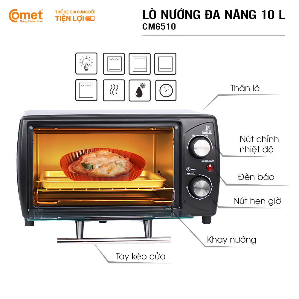 Lò Nướng Điện Vuông Comet CM6510 -Dung tích 10L, Công suất 1000W, Thiết Kế Nhỏ Gọn, Tiết Kiệm Điện Năng Lò Nướng Điện Vuông Comet CM6510 -Dung tích 10L, Công suất 1000W, Thiết Kế Nhỏ Gọn, Tiết Kiệm Điện Năng - Ảnh 3