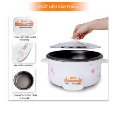 Nồi Lẩu Điện Comet CM7731 - Dung Tích 3.5 Lít, Công Suất 1300W, Đa Năng Tiện Lợi Nồi Lẩu Điện Comet CM7731 - Dung Tích 3.5 Lít, Công Suất 1300W, Đa Năng Tiện Lợi - <strong>Nồi lẩu điện CM7731 </strong>đến từ thương hiệu Comet là sự lựa chọn tuyệt vời cho những bữa tiệc lẩu ấm cúng bên gia đình và bạn bè. Với thiết kế hiện đại, tinh tế cùng dung tích 3.5 lít rộng rãi,<strong>CM7731 </strong>đáp ứng hoàn hảo nhu cầu thưởng thức món ăn của gia đình từ 4-6 thành viên. Sản phẩm sở hữu công suất mạnh mẽ lên đến 1300W, giúp nước lẩu sôi nhanh chóng, tiết kiệm thời gian chờ đợi. Không chỉ dừng lại ở việc nấu lẩu,<strong>CM7731 </strong>còn cực kỳ đa năng khi có thể sử dụng để chiên, xào, nấu canh hoặc hầm thực phẩm. Lòng nồi được phủ lớp chống dính cao cấp giúp thức ăn không bị bám dính và việc vệ sinh trở nên cực kỳ đơn giản. Hãy trang bị ngay nồi lẩu điện<strong>CM7731 </strong>để mang lại những bữa ăn ngon miệng, nóng hổi và đầy đủ dinh dưỡng cho cả gia đình bạn.