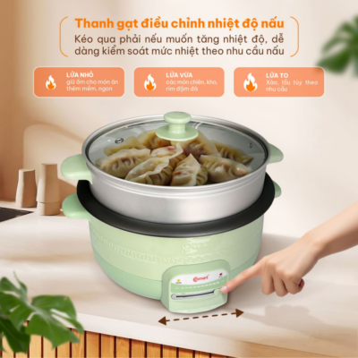Nồi Lẩu Điện Đa Năng Comet CM7739 -Dung tích 3.5L, Công suất 1300W , Lòng Nồi Chống Dính, Kèm Xửng Hấp Tiện Lợi - Bạn đang tìm kiếm một thiết bị nhà bếp thông minh, đa năng để chuẩn bị những bữa lẩu ấm cúng hay các món chiên, xào, hấp thơm ngon cho gia đình? Nồi lẩu điện đa năng Comet <strong>CM7739</strong> chính là sự lựa chọn hoàn hảo dành cho bạn. Sở hữu dung tích rộng rãi 3.5 lít kết hợp công suất mạnh mẽ 1300W, sản phẩm giúp thức ăn chín nhanh chóng và đều đặn. Điểm cộng lớn của <strong>CM7739</strong> là lòng nồi rời phủ chống dính cao cấp cùng xửng hấp đi kèm vô cùng tiện lợi. Với thiết kế màu xanh bơ thời trang cùng hệ thống bảo vệ quá nhiệt an toàn, nồi lẩu điện <strong>CM7739</strong> mang lại trải nghiệm nấu nướng tuyệt vời nhất cho mọi không gian bếp hiện đại.