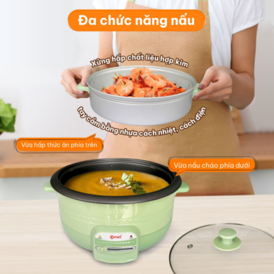 Nồi Lẩu Điện Đa Năng Comet CM7739 -Dung tích 3.5L, Công suất 1300W , Lòng Nồi Chống Dính, Kèm Xửng Hấp Tiện Lợi - Bạn đang tìm kiếm một thiết bị nhà bếp thông minh, đa năng để chuẩn bị những bữa lẩu ấm cúng hay các món chiên, xào, hấp thơm ngon cho gia đình? Nồi lẩu điện đa năng Comet <strong>CM7739</strong> chính là sự lựa chọn hoàn hảo dành cho bạn. Sở hữu dung tích rộng rãi 3.5 lít kết hợp công suất mạnh mẽ 1300W, sản phẩm giúp thức ăn chín nhanh chóng và đều đặn. Điểm cộng lớn của <strong>CM7739</strong> là lòng nồi rời phủ chống dính cao cấp cùng xửng hấp đi kèm vô cùng tiện lợi. Với thiết kế màu xanh bơ thời trang cùng hệ thống bảo vệ quá nhiệt an toàn, nồi lẩu điện <strong>CM7739</strong> mang lại trải nghiệm nấu nướng tuyệt vời nhất cho mọi không gian bếp hiện đại.