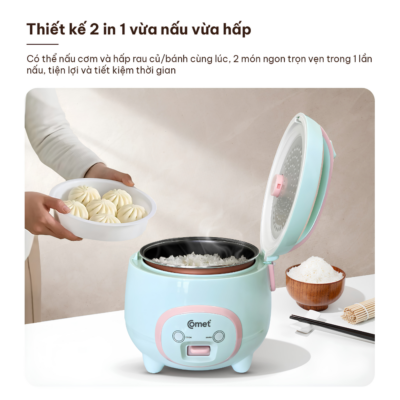 Nồi Cơm Điện Nắp Gài Comet CM8002 -Dung tích 1.2L, Công suất 500W - Chống Dính Đáy , Màu Xanh Bạc Hà Thời Trang - Bạn đang tìm kiếm một chiếc nồi cơm điện nhỏ gọn, tiện lợi và tiết kiệm điện năng cho gia đình ít người hay người độc thân? Nồi cơm điện nắp gài Comet <strong>CM8002</strong> chính là sự lựa chọn hoàn hảo dành cho bạn. Sở hữu dung tích 1.2 lít cùng công suất 500W, sản phẩm giúp nấu cơm chín nhanh, đều và giữ trọn hương vị dẻo thơm. Điểm nhấn của <strong>CM8002</strong> nằm ở thiết kế lòng nồi hợp kim nhôm phủ chống dính đen đáy tổ ong cao cấp, kết hợp màu xanh bạc hà thanh lịch. Với cơ chế điều khiển công tắc gạt đơn giản, đèn chỉ thị thông minh và tính năng bảo vệ quá nhiệt an toàn, nồi cơm điện <strong>CM8002</strong> mang lại sự tiện nghi tối đa cho gian bếp nhà bạn.
