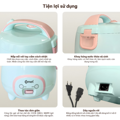 Nồi Cơm Điện Nắp Gài Comet CM8002 -Dung tích 1.2L, Công suất 500W - Chống Dính Đáy , Màu Xanh Bạc Hà Thời Trang - Bạn đang tìm kiếm một chiếc nồi cơm điện nhỏ gọn, tiện lợi và tiết kiệm điện năng cho gia đình ít người hay người độc thân? Nồi cơm điện nắp gài Comet <strong>CM8002</strong> chính là sự lựa chọn hoàn hảo dành cho bạn. Sở hữu dung tích 1.2 lít cùng công suất 500W, sản phẩm giúp nấu cơm chín nhanh, đều và giữ trọn hương vị dẻo thơm. Điểm nhấn của <strong>CM8002</strong> nằm ở thiết kế lòng nồi hợp kim nhôm phủ chống dính đen đáy tổ ong cao cấp, kết hợp màu xanh bạc hà thanh lịch. Với cơ chế điều khiển công tắc gạt đơn giản, đèn chỉ thị thông minh và tính năng bảo vệ quá nhiệt an toàn, nồi cơm điện <strong>CM8002</strong> mang lại sự tiện nghi tối đa cho gian bếp nhà bạn.