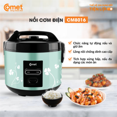 Nồi Cơm Điện Comet CM8016 - Dung tích 1.8L, Công suất 700W , Tiết Kiệm Điện, Thiết Kế Thời Trang Nồi Cơm Điện Comet CM8016 - Dung tích 1.8L, Công suất 700W , Tiết Kiệm Điện, Thiết Kế Thời Trang - Bạn đang tìm kiếm một thiết bị nhà bếp thông minh, tiện lợi và tiết kiệm thời gian nấu nướng? Nồi cơm điện Comet <strong>CM8016</strong> chính là sự lựa chọn hoàn hảo cho mọi gia đình hiện đại. Sở hữu dung tích tiêu chuẩn 1.8L cùng công suất mạnh mẽ 700W, sản phẩm giúp hạt gạo chín đều, thơm ngon và dẻo dính từng hạt. Điểm nhấn của <strong>CM8016</strong> nằm ở thiết kế vỏ ngoài tinh tế với hai màu sắc trẻ trung: xanh bạc hà và xanh bơ, mang lại vẻ đẹp tươi mới cho không gian bếp. Hoạt động ổn định với điện áp 220V - 50Hz, nồi cơm điện <strong>CM8016</strong> đảm bảo độ bền cao, an toàn tuyệt đối và là người bạn đồng hành tin cậy của người nội trợ. <div></div>