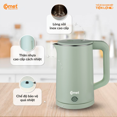 Bình Đun Siêu Tốc Comet CM8226 - Dung Tích 1.8L, Công Suất 1500W, Đun Sôi Cực Nhanh Bình Đun Siêu Tốc Comet CM8226 - Dung Tích 1.8L, Công Suất 1500W, Đun Sôi Cực Nhanh - <strong>Bình đun siêu tốc CM8226 </strong>đến từ thương hiệu Comet là sự lựa chọn hoàn hảo cho mọi gia đình và văn phòng nhờ sự kết hợp giữa hiệu suất mạnh mẽ và thiết kế hiện đại. Với dung tích lớn 1.8L,<strong>CM8226 </strong>đáp ứng tốt nhu cầu sử dụng nước nóng đa dạng như pha trà, cafe, nấu mì hay chuẩn bị nước tắm cho trẻ nhỏ. Sản phẩm hoạt động với công suất 1500W, giúp đun sôi nước chỉ trong vài phút, tiết kiệm tối đa thời gian cho người bận rộn. Đặc biệt,<strong>CM8226 </strong>được trang bị tính năng tự động ngắt điện an toàn khi nước sôi hoặc khi bình cạn nước, mang lại sự an tâm tuyệt đối. Thiết kế gọn nhẹ với trọng lượng chỉ 0.7 Kg giúp việc di chuyển và sử dụng trở nên vô cùng linh hoạt. Hãy sở hữu ngay <strong>CM8226 </strong>để trải nghiệm sự tiện nghi vượt trội mỗi ngày.