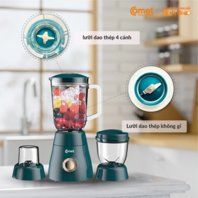 Máy Xay Sinh Tố Comet CM9979 - Công Suất 450W, Bộ 3 Cối Đa Năng, Dung Tích 1.5L Máy Xay Sinh Tố Comet CM9979 - Công Suất 450W, Bộ 3 Cối Đa Năng, Dung Tích 1.5L - <strong>Máy xay sinh tố CM9979 </strong>đến từ thương hiệu Comet là sự lựa chọn hoàn hảo cho căn bếp hiện đại, mang đến sự tiện lợi tối đa trong việc chế biến thực phẩm. Với công suất mạnh mẽ 450W cùng hệ thống bộ 3 cối xay chuyên dụng,<strong>CM9979 </strong>cho phép bạn không chỉ xay sinh tố mà còn có thể nghiền khô, xay thịt hoặc trộn thực phẩm một cách nhanh chóng. Cối chính có dung tích lớn 1.5L giúp phục vụ nhu cầu của cả gia đình chỉ trong một lần xay. Được trang bị lưỡi dao bằng thép không gỉ sắc bén và chất liệu nhựa cao cấp kháng vỡ,<strong>CM9979 </strong>đảm bảo độ bền bỉ và an toàn tuyệt đối cho sức khỏe. Thiết kế trang nhã cùng tính năng tự ngắt khi quá tải khiến máy xay <strong>CM9979 </strong>trở thành trợ thủ đắc lực giúp bạn chăm sóc dinh dưỡng cho người thân mỗi ngày một cách dễ dàng và hiệu quả nhất.