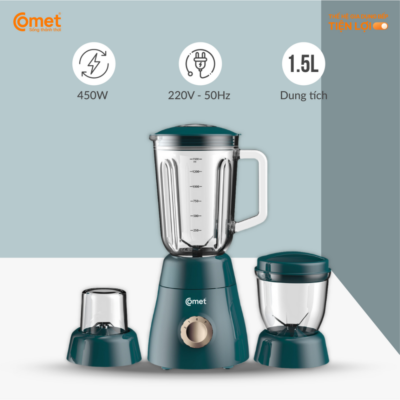 Máy Xay Sinh Tố Comet CM9979 - Công Suất 450W, Bộ 3 Cối Đa Năng, Dung Tích 1.5L Máy Xay Sinh Tố Comet CM9979 - Công Suất 450W, Bộ 3 Cối Đa Năng, Dung Tích 1.5L - <strong>Máy xay sinh tố CM9979 </strong>đến từ thương hiệu Comet là sự lựa chọn hoàn hảo cho căn bếp hiện đại, mang đến sự tiện lợi tối đa trong việc chế biến thực phẩm. Với công suất mạnh mẽ 450W cùng hệ thống bộ 3 cối xay chuyên dụng,<strong>CM9979 </strong>cho phép bạn không chỉ xay sinh tố mà còn có thể nghiền khô, xay thịt hoặc trộn thực phẩm một cách nhanh chóng. Cối chính có dung tích lớn 1.5L giúp phục vụ nhu cầu của cả gia đình chỉ trong một lần xay. Được trang bị lưỡi dao bằng thép không gỉ sắc bén và chất liệu nhựa cao cấp kháng vỡ,<strong>CM9979 </strong>đảm bảo độ bền bỉ và an toàn tuyệt đối cho sức khỏe. Thiết kế trang nhã cùng tính năng tự ngắt khi quá tải khiến máy xay <strong>CM9979 </strong>trở thành trợ thủ đắc lực giúp bạn chăm sóc dinh dưỡng cho người thân mỗi ngày một cách dễ dàng và hiệu quả nhất.