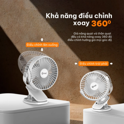 Quạt Kẹp Tích Điện Đa Năng Comet CRF0705 – Xoay 360 Độ, Pin 1800mAh, 3 Cấp Độ Gió Mạnh Mẽ - Quạt kẹp tích điện đa năng Comet <strong>CRF0705</strong> là giải pháp làm mát linh hoạt tuyệt vời cho dân văn phòng, sinh viên và các bậc phụ huynh có con nhỏ. Với thiết kế chân kẹp chắc chắn, model <strong>CRF0705</strong> có thể dễ dàng gắn vào cạnh bàn, xe đẩy em bé hoặc nôi cũi, mang lại sự tiện lợi tối đa. Sản phẩm sở hữu viên pin Lithium-ion dung lượng 1800mAh, cho phép hoạt động liên tục lên đến 4 giờ, giúp bạn xua tan cơn nóng ngay cả khi mất điện. Nhờ khả năng xoay 360 độ thông minh, <strong>CRF0705</strong> giúp điều chỉnh hướng gió đến mọi vị trí mong muốn một cách dễ dàng. Trọng lượng siêu nhẹ chỉ 300g cùng cổng sạc Micro USB phổ biến biến chiếc quạt <strong>CRF0705</strong> thành người bạn đồng hành lý tưởng trong mọi chuyến đi chơi hay làm việc hàng ngày.
