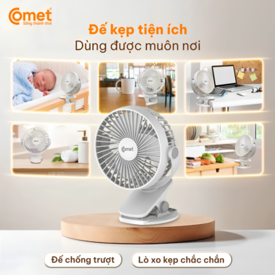 Quạt Kẹp Tích Điện Đa Năng Comet CRF0705 – Xoay 360 Độ, Pin 1800mAh, 3 Cấp Độ Gió Mạnh Mẽ - Quạt kẹp tích điện đa năng Comet <strong>CRF0705</strong> là giải pháp làm mát linh hoạt tuyệt vời cho dân văn phòng, sinh viên và các bậc phụ huynh có con nhỏ. Với thiết kế chân kẹp chắc chắn, model <strong>CRF0705</strong> có thể dễ dàng gắn vào cạnh bàn, xe đẩy em bé hoặc nôi cũi, mang lại sự tiện lợi tối đa. Sản phẩm sở hữu viên pin Lithium-ion dung lượng 1800mAh, cho phép hoạt động liên tục lên đến 4 giờ, giúp bạn xua tan cơn nóng ngay cả khi mất điện. Nhờ khả năng xoay 360 độ thông minh, <strong>CRF0705</strong> giúp điều chỉnh hướng gió đến mọi vị trí mong muốn một cách dễ dàng. Trọng lượng siêu nhẹ chỉ 300g cùng cổng sạc Micro USB phổ biến biến chiếc quạt <strong>CRF0705</strong> thành người bạn đồng hành lý tưởng trong mọi chuyến đi chơi hay làm việc hàng ngày.