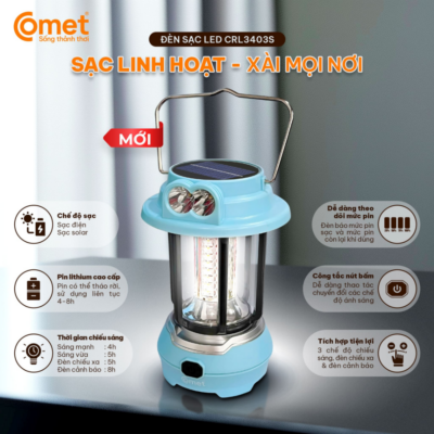 Đèn Sạc Led Comet CRL3403S -Công Suất 9W, Pin Lithium 1200mAh, Ánh Sáng Bền Bỉ, Tiện Lợi Cho Mọi Không Gian Đèn Sạc Led Comet CRL3403S -Công Suất 9W, Pin Lithium 1200mAh, Ánh Sáng Bền Bỉ, Tiện Lợi Cho Mọi Không Gian - Bạn đang tìm kiếm một thiết bị chiếu sáng di động thông minh, thiết kế hiện đại và thời gian sử dụng lâu dài cho gia đình? Đèn sạc led Comet chính là sự lựa chọn hoàn hảo dành cho bạn. Được trang bị công suất 9W mạnh mẽ cùng viên pin Lithium dung tích 1200mAh chất lượng cao, sản phẩm mang đến nguồn ánh sáng ổn định, liên tục từ 4 đến 8 giờ. Điểm nổi bật của <strong>CRL3403S</strong> nằm ở thiết kế nhỏ gọn với kích thước D120 x H180 mm, điện áp sạc an toàn 5VDC = 2.1A (max) và thời gian sạc nhanh chóng chỉ từ 4 đến 5 giờ. Đèn sạc sẽ là người bạn đồng hành tin cậy trong các tình huống mất điện hoặc khi cần ánh sáng di động.