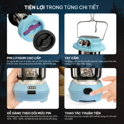 Đèn Sạc Led Comet CRL3403S -Công Suất 9W, Pin Lithium 1200mAh, Ánh Sáng Bền Bỉ, Tiện Lợi Cho Mọi Không Gian Đèn Sạc Led Comet CRL3403S -Công Suất 9W, Pin Lithium 1200mAh, Ánh Sáng Bền Bỉ, Tiện Lợi Cho Mọi Không Gian - Bạn đang tìm kiếm một thiết bị chiếu sáng di động thông minh, thiết kế hiện đại và thời gian sử dụng lâu dài cho gia đình? Đèn sạc led Comet chính là sự lựa chọn hoàn hảo dành cho bạn. Được trang bị công suất 9W mạnh mẽ cùng viên pin Lithium dung tích 1200mAh chất lượng cao, sản phẩm mang đến nguồn ánh sáng ổn định, liên tục từ 4 đến 8 giờ. Điểm nổi bật của <strong>CRL3403S</strong> nằm ở thiết kế nhỏ gọn với kích thước D120 x H180 mm, điện áp sạc an toàn 5VDC = 2.1A (max) và thời gian sạc nhanh chóng chỉ từ 4 đến 5 giờ. Đèn sạc sẽ là người bạn đồng hành tin cậy trong các tình huống mất điện hoặc khi cần ánh sáng di động.
