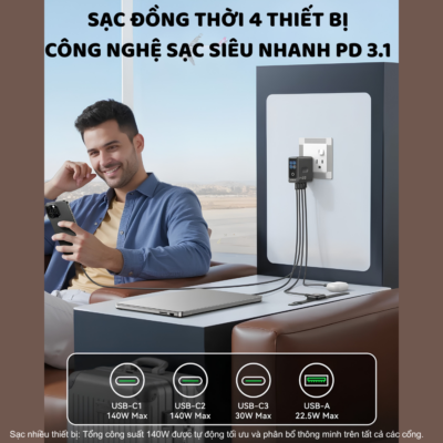 Củ Sạc Nhanh GaN MOKIN GP140B 140W - PD 3.1, 4 Cổng (3C1A), Kèm Cáp C to C Cao Cấp Củ Sạc Nhanh GaN MOKIN GP140B 140W - PD 3.1, 4 Cổng (3C1A), Kèm Cáp C to C Cao Cấp - Củ sạc nhanh MOKIN <strong>GP140B</strong> là giải pháp năng lượng tối thượng và toàn diện nhất dành cho mọi thiết bị công nghệ của bạn. Sở hữu công suất siêu khủng lên đến 140W cùng công nghệ bán dẫn GaN (Gallium Nitride) tiên tiến, củ sạc mang lại hiệu suất truyền tải điện năng đỉnh cao trong một thiết kế vô cùng nhỏ gọn, mát mẻ. MOKIN <strong>GP140B</strong> được trang bị 4 cổng kết nối đa năng (3 cổng USB-C và 1 cổng USB-A) cùng chuẩn sạc nhanh PD 3.1 mới nhất. Điều này cho phép bạn sạc cùng lúc từ MacBook, laptop, máy tính bảng cho đến smartphone một cách an toàn và cực kỳ nhanh chóng. Đặc biệt, sản phẩm được tặng kèm cáp sạc USB-C to USB-C chất lượng cao. Đây chắc chắn là trạm sạc duy nhất bạn cần mang theo cho mọi chuyến đi.