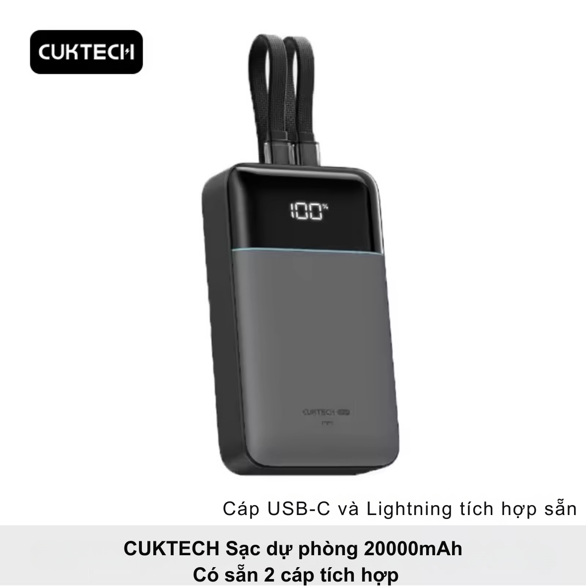 Pin Dự Phòng Cuktech CP24 20.000mAh LPB200NL | Tích Hợp 2 Cáp Sạc Type-C & Lightning MFi, Sạc Nhanh PD 30W Pin Dự Phòng Cuktech CP24 20.000mAh LPB200NL | Tích Hợp 2 Cáp Sạc Type-C & Lightning MFi, Sạc Nhanh PD 30W - Ảnh 2