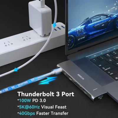 HUB Mở Rộng Đa Năng 7-in-2 MOKIN MOMUC2206 Cho MacBook – Thunderbolt 3 100W, HDMI 4K 60Hz, 3x USB 3.0, Khe Thẻ Nhớ SD/TF HUB Mở Rộng Đa Năng 7-in-2 MOKIN MOMUC2206 Cho MacBook – Thunderbolt 3 100W, HDMI 4K 60Hz, 3x USB 3.0, Khe Thẻ Nhớ SD/TF - <strong>HUB Mở Rộng Đa Năng 7-in-2 MOKIN MOMUC2206</strong> là giải pháp kết nối cao cấp dành riêng cho MacBook Pro và MacBook Air với thiết kế cắm trực tiếp 2 cổng USB-C liền mạch. Trang bị mã model <strong>MOMUC2206</strong>, phụ kiện biến hai cổng Type-C thành 7 cổng kết nối thiết yếu: 1 cổng đa năng Thunderbolt 3 (hỗ trợ sạc nhanh Power Delivery 100W, truyền dữ liệu 40Gbps, xuất màn hình 5K@60Hz), 1 cổng HDMI 4K@60Hz sắc nét, 3 cổng USB 3.0 tốc độ cao 5Gbps cùng khe đọc thẻ nhớ kép SD/TF tiện lợi. Lựa chọn <strong>MOMUC2206</strong> giúp tối ưu hóa không gian làm việc chuyên nghiệp, giải phóng hoàn toàn giới hạn kết nối của MacBook mà không cần dây cáp rườm rà.
