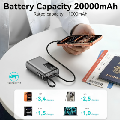 Pin Sạc Dự Phòng MOKIN MOPB0205 20000mAh - Sạc Nhanh Laptop 65W (PD 3.1, PPS), Nhỏ Gọn, Màn Hình LED Pin Sạc Dự Phòng MOKIN MOPB0205 20000mAh - Sạc Nhanh Laptop 65W (PD 3.1, PPS), Nhỏ Gọn, Màn Hình LED - Pin sạc dự phòng MOKIN <strong>MOPB0205</strong> là giải pháp năng lượng di động hoàn hảo dành cho những ai thường xuyên di chuyển và sử dụng nhiều thiết bị công nghệ cùng lúc. Với mức dung lượng "khủng" 20.000mAh (77Wh), sản phẩm cung cấp nguồn điện dồi dào, đảm bảo duy trì kết nối cho bạn suốt cả ngày dài. Điểm sáng giá nhất của <strong>MOPB0205</strong> là công suất sạc cực đại lên tới 65W cùng chuẩn sạc nhanh PD 3.1 và PPS tiên tiến, cho phép bạn sạc siêu tốc không chỉ cho smartphone, tablet mà còn cho cả các dòng laptop hiện đại (như MacBook, Dell, HP...). Dù sở hữu mức năng lượng lớn, thiết bị lại mang một thiết kế màu đen (Black) cực kỳ nhỏ gọn, trọng lượng chỉ khoảng 343g cùng màn hình LED hiển thị phần trăm pin thông minh. Đây chắc chắn là trợ thủ đắc lực không thể thiếu trong balo của bạn.