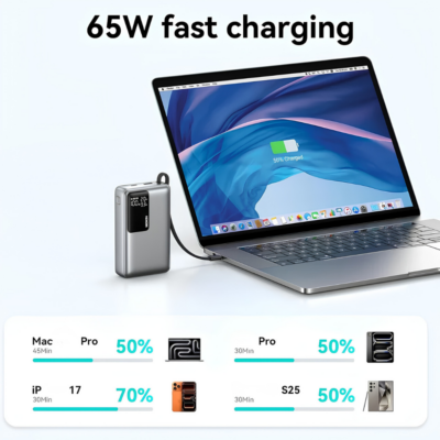 Pin Sạc Dự Phòng MOKIN MOPB0205 20000mAh - Sạc Nhanh Laptop 65W (PD 3.1, PPS), Nhỏ Gọn, Màn Hình LED Pin Sạc Dự Phòng MOKIN MOPB0205 20000mAh - Sạc Nhanh Laptop 65W (PD 3.1, PPS), Nhỏ Gọn, Màn Hình LED - Pin sạc dự phòng MOKIN <strong>MOPB0205</strong> là giải pháp năng lượng di động hoàn hảo dành cho những ai thường xuyên di chuyển và sử dụng nhiều thiết bị công nghệ cùng lúc. Với mức dung lượng "khủng" 20.000mAh (77Wh), sản phẩm cung cấp nguồn điện dồi dào, đảm bảo duy trì kết nối cho bạn suốt cả ngày dài. Điểm sáng giá nhất của <strong>MOPB0205</strong> là công suất sạc cực đại lên tới 65W cùng chuẩn sạc nhanh PD 3.1 và PPS tiên tiến, cho phép bạn sạc siêu tốc không chỉ cho smartphone, tablet mà còn cho cả các dòng laptop hiện đại (như MacBook, Dell, HP...). Dù sở hữu mức năng lượng lớn, thiết bị lại mang một thiết kế màu đen (Black) cực kỳ nhỏ gọn, trọng lượng chỉ khoảng 343g cùng màn hình LED hiển thị phần trăm pin thông minh. Đây chắc chắn là trợ thủ đắc lực không thể thiếu trong balo của bạn.
