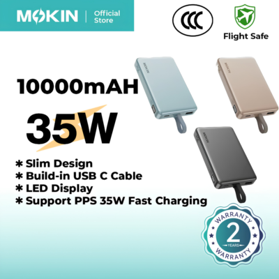 Pin Sạc Dự Phòng MOKIN MOPB0603 10000mAh - Sạc Nhanh Siêu Tốc PD 35W, PPS, Siêu Nhỏ Gọn 193g, Màn Hình LED - Pin sạc dự phòng MOKIN <strong>MOPB0603</strong> là biểu tượng của sự nhỏ gọn và mạnh mẽ trong thế giới phụ kiện công nghệ. Sở hữu dung lượng tiêu chuẩn 10.000mAh, nhưng thiết bị lại gây kinh ngạc với trọng lượng siêu nhẹ chỉ 193g cùng kích thước vô cùng nhỏ gọn, dễ dàng nằm gọn trong lòng bàn tay hay túi quần của bạn. Điểm nổi bật nhất của model <strong>MOPB0603</strong> là khả năng sạc nhanh hai chiều cực đỉnh với công suất tối đa lên đến 35W (hỗ trợ PD Fast Charging & PPS), giúp sạc thần tốc cho iPhone, điện thoại Samsung và cả máy tính bảng. Sản phẩm được trang bị màn hình LED kỹ thuật số thông minh hiển thị phần trăm pin trực quan. Với đầy đủ các chứng nhận an toàn quốc tế (CE, FCC, RoHS...), sạc dự phòng MOKIN mang đến nguồn năng lượng bền bỉ, an toàn mọi lúc mọi nơi.