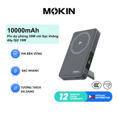 Pin Sạc Dự Phòng Không Dây MOKIN MOPB0608 -10000mAh - Sạc Nhanh Qi2 15W, PD 35W, Kèm Cáp Type-C, Màn Hình LED Pin Sạc Dự Phòng Không Dây MOKIN MOPB0608 -10000mAh - Sạc Nhanh Qi2 15W, PD 35W, Kèm Cáp Type-C, Màn Hình LED - Pin sạc dự phòng không dây MOKIN <strong>MOPB0608</strong> là sự lựa chọn hoàn hảo cho phong cách sống năng động và hiện đại. Sở hữu dung lượng 10.000mAh tiêu chuẩn, thiết bị cung cấp nguồn năng lượng dồi dào, an toàn cho điện thoại của bạn suốt cả ngày dài. Điểm nhấn đột phá của <strong>MOPB0608</strong> nằm ở công nghệ sạc không dây chuẩn Qi2 tiên tiến với công suất 15W, kết hợp cùng cổng sạc nhanh có dây USB-C PD mạnh mẽ lên đến 35W. Đặc biệt, sản phẩm được thiết kế siêu tiện lợi với cáp USB-C gắn liền (Built-in Cable) và màn hình LED hiển thị phần trăm pin trực quan. Với lớp vỏ từ nhựa PC + ABS cao cấp màu xám sang trọng, pin dự phòng MOKIN mang đến trải nghiệm sạc đa năng, bền bỉ và vô cùng thời thượng.