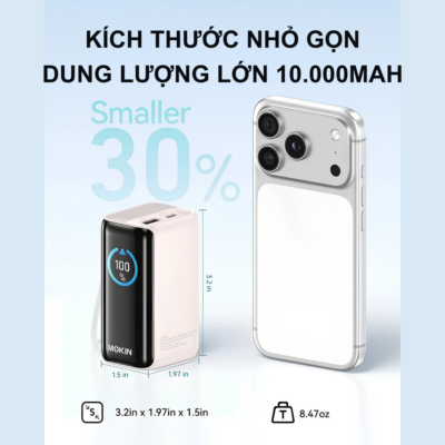 Pin Sạc Dự Phòng MOKIN MOPB0902 10000mAh - Sạc Nhanh PD 45W, Màn Hình Thông Minh (Smart Display) Pin Sạc Dự Phòng MOKIN MOPB0902 10000mAh - Sạc Nhanh PD 45W, Màn Hình Thông Minh (Smart Display) - Pin sạc dự phòng MOKIN <strong>MOPB0902</strong> là giải pháp năng lượng di động hoàn hảo dành cho những người bận rộn và yêu công nghệ. Sở hữu dung lượng 10.000mAh mạnh mẽ nhưng thiết kế vô cùng nhỏ gọn chỉ 240g, sản phẩm dễ dàng đồng hành cùng bạn đi bất cứ đâu. Điểm nổi bật nhất của <strong>MOPB0902</strong> là công suất sạc siêu nhanh lên đến 45W (PD Fast Charging), hỗ trợ sạc nhanh cho cả smartphone, máy tính bảng và laptop. Bên cạnh đó, thiết bị còn được tích hợp màn hình thông minh (Smart Display) độc đáo, giúp hiển thị trực tiếp công suất (Wattage), nhiệt độ (Temp) và tình trạng sức khỏe pin (Battery Health). Với đầy đủ các chứng nhận an toàn quốc tế (FCC, CE, RoHS), sạc dự phòng MOKIN mang đến trải nghiệm sạc an toàn, tốc độ và vô cùng bền bỉ.