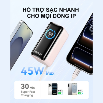 Pin Sạc Dự Phòng MOKIN MOPB0902 10000mAh - Sạc Nhanh PD 45W, Màn Hình Thông Minh (Smart Display) Pin Sạc Dự Phòng MOKIN MOPB0902 10000mAh - Sạc Nhanh PD 45W, Màn Hình Thông Minh (Smart Display) - Pin sạc dự phòng MOKIN <strong>MOPB0902</strong> là giải pháp năng lượng di động hoàn hảo dành cho những người bận rộn và yêu công nghệ. Sở hữu dung lượng 10.000mAh mạnh mẽ nhưng thiết kế vô cùng nhỏ gọn chỉ 240g, sản phẩm dễ dàng đồng hành cùng bạn đi bất cứ đâu. Điểm nổi bật nhất của <strong>MOPB0902</strong> là công suất sạc siêu nhanh lên đến 45W (PD Fast Charging), hỗ trợ sạc nhanh cho cả smartphone, máy tính bảng và laptop. Bên cạnh đó, thiết bị còn được tích hợp màn hình thông minh (Smart Display) độc đáo, giúp hiển thị trực tiếp công suất (Wattage), nhiệt độ (Temp) và tình trạng sức khỏe pin (Battery Health). Với đầy đủ các chứng nhận an toàn quốc tế (FCC, CE, RoHS), sạc dự phòng MOKIN mang đến trải nghiệm sạc an toàn, tốc độ và vô cùng bền bỉ.