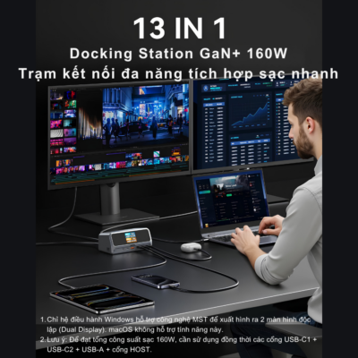 Trạm Sạc Đa Năng 11-in-1 MOKIN MOPU1102 - 160W, 4K HDMI, Gigabit Ethernet, Vỏ Nhôm Cao Cấp Trạm Sạc Đa Năng 11-in-1 MOKIN MOPU1102 - 160W, 4K HDMI, Gigabit Ethernet, Vỏ Nhôm Cao Cấp - Trạm sạc đa năng 11-in-1 MOKIN <strong>MOPU1102</strong> là giải pháp Docking Station hoàn hảo giúp biến chiếc laptop hay MacBook mỏng nhẹ của bạn thành một "cỗ máy trạm" chuyên nghiệp. Với thiết kế vỏ hợp kim nhôm nguyên khối màu xám (Grey) sang trọng, thiết bị mở rộng từ một cổng USB-C ra 11 cổng kết nối thiết yếu. Điểm sáng giá nhất của <strong>MOPU1102</strong> là khả năng hỗ trợ công suất sạc cực đại lên tới 160W, cổng xuất hình 4K HDMI sắc nét, mạng LAN Gigabit Ethernet siêu tốc và các cổng USB 3.2 (5Gbps). Tích hợp đầy đủ khe đọc thẻ nhớ SD/microSD, sản phẩm tương thích hoàn hảo với MacBook, Dell XPS, HP Spectre, Surface và các thiết bị chuẩn Type-C. Tối ưu hóa không gian làm việc chưa bao giờ dễ dàng đến thế!