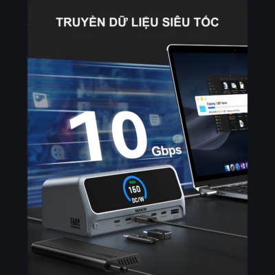 Trạm Sạc Đa Năng 11-in-1 MOKIN MOPU1102 - 160W, 4K HDMI, Gigabit Ethernet, Vỏ Nhôm Cao Cấp Trạm Sạc Đa Năng 11-in-1 MOKIN MOPU1102 - 160W, 4K HDMI, Gigabit Ethernet, Vỏ Nhôm Cao Cấp - Trạm sạc đa năng 11-in-1 MOKIN <strong>MOPU1102</strong> là giải pháp Docking Station hoàn hảo giúp biến chiếc laptop hay MacBook mỏng nhẹ của bạn thành một "cỗ máy trạm" chuyên nghiệp. Với thiết kế vỏ hợp kim nhôm nguyên khối màu xám (Grey) sang trọng, thiết bị mở rộng từ một cổng USB-C ra 11 cổng kết nối thiết yếu. Điểm sáng giá nhất của <strong>MOPU1102</strong> là khả năng hỗ trợ công suất sạc cực đại lên tới 160W, cổng xuất hình 4K HDMI sắc nét, mạng LAN Gigabit Ethernet siêu tốc và các cổng USB 3.2 (5Gbps). Tích hợp đầy đủ khe đọc thẻ nhớ SD/microSD, sản phẩm tương thích hoàn hảo với MacBook, Dell XPS, HP Spectre, Surface và các thiết bị chuẩn Type-C. Tối ưu hóa không gian làm việc chưa bao giờ dễ dàng đến thế!