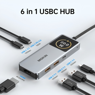 HUB Mở Rộng Đa Năng 6-in-1 MOKIN MOUC6602 Type-C – Màn Hình LED Kỹ Thuật Số, HDMI 4K@60Hz (1080p 144Hz), Sạc Nhanh PD 100W, USB 3.1 & Type-C 10Gbps, Khe Thẻ SD/TF HUB Mở Rộng Đa Năng 6-in-1 MOKIN MOUC6602 Type-C – Màn Hình LED Kỹ Thuật Số, HDMI 4K@60Hz (1080p 144Hz), Sạc Nhanh PD 100W, USB 3.1 & Type-C 10Gbps, Khe Thẻ SD/TF - <strong>HUB Mở Rộng Đa Năng 6-in-1 MOKIN MOUC6602</strong> là bộ chuyển đổi Type-C thế hệ mới nổi bật với màn hình hiển thị kỹ thuật số Digital LED trực quan giúp theo dõi trạng thái hoạt động theo thời gian thực. Trang bị mã model chuẩn <strong>MOUC6602</strong>, thiết bị mở rộng 6 cổng kết nối đỉnh cao: cổng HDMI xuất hình 4K@60Hz (hỗ trợ tần số quét cao 1080p@120Hz/144Hz), cổng sạc nhanh USB-C Power Delivery 100W Max, cổng truyền dữ liệu siêu tốc USB 3.1 / Type-C Data lên tới 10Gbps cùng khe đọc thẻ kép SD/MicroSD (TF). Với vỏ hợp kim nhôm tản nhiệt cao cấp, <strong>MOUC6602</strong> là sự lựa chọn hoàn hảo cho MacBook, iPad, laptop Windows và các thiết bị Type-C chuyên nghiệp.