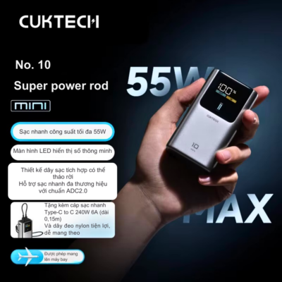 Pin dự phòng Cuktech No.10 Mini 10.000mAh 55W PB1055 PANDA – Sạc siêu nhanh PD/PPS/Mi Turbo cho iPhone & Xiaomi | Chính hãng Pin dự phòng Cuktech No.10 Mini 10.000mAh 55W PB1055 PANDA – Sạc siêu nhanh PD/PPS/Mi Turbo cho iPhone & Xiaomi | Chính hãng - <strong>Pin dự phòng Cuktech No.10 Mini 10.000mAh 55W PB1055 Panda</strong> là sự kết hợp hoàn hảo giữa thiết kế siêu nhỏ gọn và sức mạnh vượt trội. Với mã model <strong>PB1055</strong>, sản phẩm không chỉ gây ấn tượng bởi phối màu Panda tinh tế mà còn sở hữu công suất đầu ra lên đến 55W, hỗ trợ đầy đủ các giao thức sạc nhanh hiện nay như PD, PPS, QC và đặc biệt là Mi Turbo Charge dành riêng cho các thiết bị Xiaomi. Dung lượng 10.000mAh chuẩn cho phép bạn nạp đầy năng lượng cho điện thoại từ 1.5 đến 2 lần, cực kỳ tiện lợi cho những chuyến đi trong ngày. Được trang bị màn hình LED hiển thị dung lượng pin chính xác và hệ thống bảo vệ đa lớp, <strong>PB1055</strong> đảm bảo an toàn tuyệt đối cho người dùng. Nếu bạn đang tìm kiếm một "trạm sạc di động" bỏ túi mạnh mẽ nhất hiện nay, <strong>PB1055</strong> chính là lựa chọn số một.