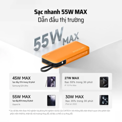 Pin Dự Phòng Cuktech 20000mAh 55W Tích Hợp Cáp Type-C (CP25) - PB200N | Sạc Nhanh Laptop & Smartphone Pin Dự Phòng Cuktech 20000mAh 55W Tích Hợp Cáp Type-C (CP25) - PB200N | Sạc Nhanh Laptop & Smartphone - Pin dự phòng <strong>PB200N</strong> đến từ thương hiệu Cuktech (tiền thân là ZMI) là giải pháp năng lượng hoàn hảo cho người dùng di động. Với dung lượng cực lớn 20000mAh, <strong>PB200N</strong> đảm bảo thiết bị của bạn luôn tràn đầy năng lượng trong những chuyến đi dài. Điểm đột phá của <strong>PB200N</strong> chính là thiết kế tích hợp sẵn cáp sạc Type-C siêu bền, giúp bạn loại bỏ hoàn toàn sự phiền toái khi quên mang theo dây cáp. Sản phẩm hỗ trợ công suất sạc nhanh lên đến 55W, tương thích tốt với các dòng iPhone, Samsung, máy tính bảng và thậm chí là các dòng Laptop văn phòng mỏng nhẹ. Sở hữu thiết kế hiện đại, màn hình LED hiển thị dung lượng pin trực quan cùng hệ thống bảo vệ đa lớp, <strong>PB200N</strong> xứng đáng là phụ kiện công nghệ hàng đầu bạn nên sở hữu ngay hôm nay.