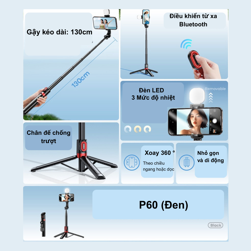 ậy Chụp Ảnh Selfie Remax P60 Tích Hợp Tripod, Remote Bluetooth và Đèn LED – Dài 1m3 Cao Cấp ậy Chụp Ảnh Selfie Remax P60 Tích Hợp Tripod, Remote Bluetooth và Đèn LED – Dài 1m3 Cao Cấp - Ảnh 2