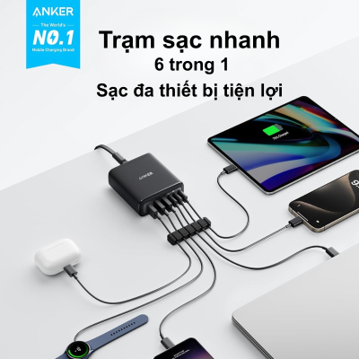 Bộ Sạc Anker 112W 6 Cổng (A2154) - Sạc Nhanh USB-C & USB-A, Chân Cắm 3 Chấu SG - Hàng Chính Hãng Bộ sạc Anker A2154