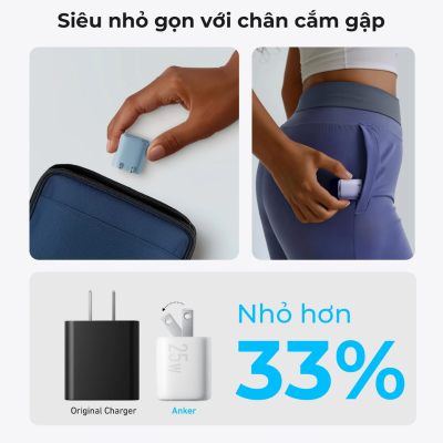 Bộ Sạc Nhanh Anker B2656 25W USB-C - Thiết Kế Nhỏ Gọn, Chân Gập Thông Minh, Hỗ Trợ PPS Cho Samsung Galaxy S24/Z Fold/Z Flip/Tab - Hàng Chính Hãng Bộ Sạc Nhanh Anker B2656 25W USB-C - Thiết Kế Nhỏ Gọn, Chân Gập Thông Minh, Hỗ Trợ PPS Cho Samsung Galaxy S24/Z Fold/Z Flip/Tab - Hàng Chính Hãng - <strong>Bộ sạc Anker B2656</strong> 25W là giải pháp năng lượng lý tưởng dành cho người dùng các dòng điện thoại Samsung Galaxy và các thiết bị hỗ trợ cổng USB-C. Với kích thước siêu nhỏ gọn chỉ 36 × 31 × 31 mm và trọng lượng 50g, <strong>Anker B2656</strong> cho phép bạn mang theo mọi lúc mọi nơi mà không chiếm diện tích. Sản phẩm đặc biệt hỗ trợ công nghệ sạc nhanh PPS (Programmable Power Supply) với công suất tối đa lên đến 25W, giúp tối ưu hóa thời gian sạc cho Galaxy S24, Z Fold, Z Flip và các dòng máy tính bảng Tab. Thiết kế chân cắm có thể gập lại không chỉ tăng tính thẩm mỹ mà còn bảo vệ các vật dụng khác trong túi xách khỏi trầy xước. Nếu bạn đang tìm kiếm một củ sạc bền bỉ, an toàn và hiệu suất cao, <strong>Anker B2656</strong> chắc chắn là sự lựa chọn hoàn hảo nhất trong phân khúc.