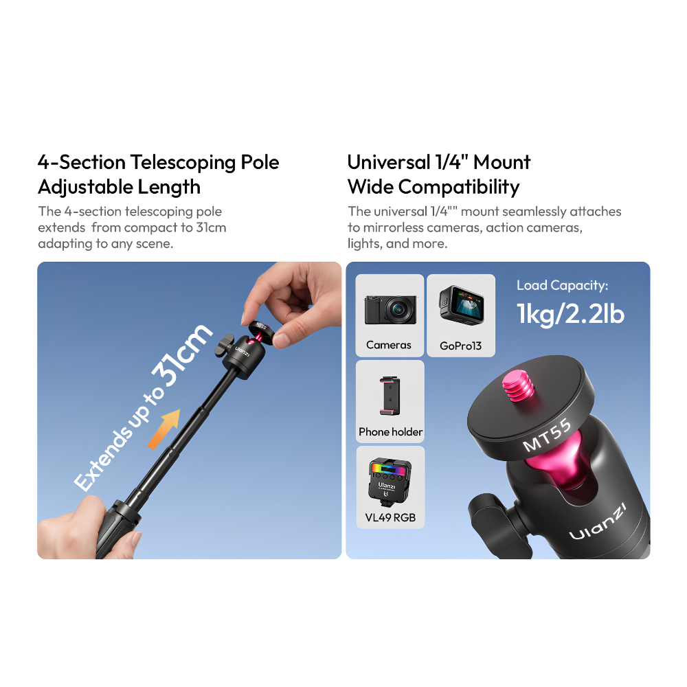 Chân Máy Tripod Kiêm Gậy Selfie Ulanzi MT55 SnapGo Mini – Siêu Nhỏ Gọn 123g, Ballhead Xoay 360°, Chế Độ Kẹp Balo Mantis Độc Đáo Chân Máy Tripod Kiêm Gậy Selfie Ulanzi MT55 SnapGo Mini – Siêu Nhỏ Gọn 123g, Ballhead Xoay 360°, Chế Độ Kẹp Balo Mantis Độc Đáo - Ảnh 4