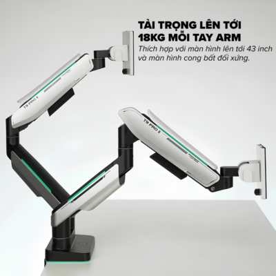 Giá Đỡ 2 Màn Hình Nặng HyperWork T9 Pro II Dual (23 - 43 Inch, Tải Trọng 3 - 18kg/Tay) - Trợ Lực Lò Xo HyperLift Plus Giá Đỡ 2 Màn Hình Nặng HyperWork T9 Pro II Dual (23 - 43 Inch, Tải Trọng 3 - 18kg/Tay) - Trợ Lực Lò Xo HyperLift Plus - Giá đỡ 2 màn hình <b>T9 Pro II Dual</b> là giải pháp nâng đỡ màn hình đôi chịu tải nặng cao cấp, hoàn hảo cho các không gian làm việc chuyên nghiệp đòi hỏi màn hình kích thước lớn. Ứng dụng công nghệ trợ lực lò xo HyperLift Plus đột phá, <b>T9 Pro II Dual</b> chịu tải trọng vượt trội từ 3 đến 18kg mỗi tay, tương thích lý tưởng cho các dòng màn hình từ 23 đến 43 inch, bao gồm cả màn hình cong cỡ lớn. Thiết bị hỗ trợ chuẩn VESA 75x75 và 100x100mm, khả năng vươn cao 554mm, vươn xa 458mm cùng cơ chế xoay lật linh hoạt. Lựa chọn giá treo màn hình đôi <b>T9 Pro II Dual</b> để thiết lập góc làm việc chuẩn công thái học, vững chãi và tối ưu hóa diện tích mặt bàn